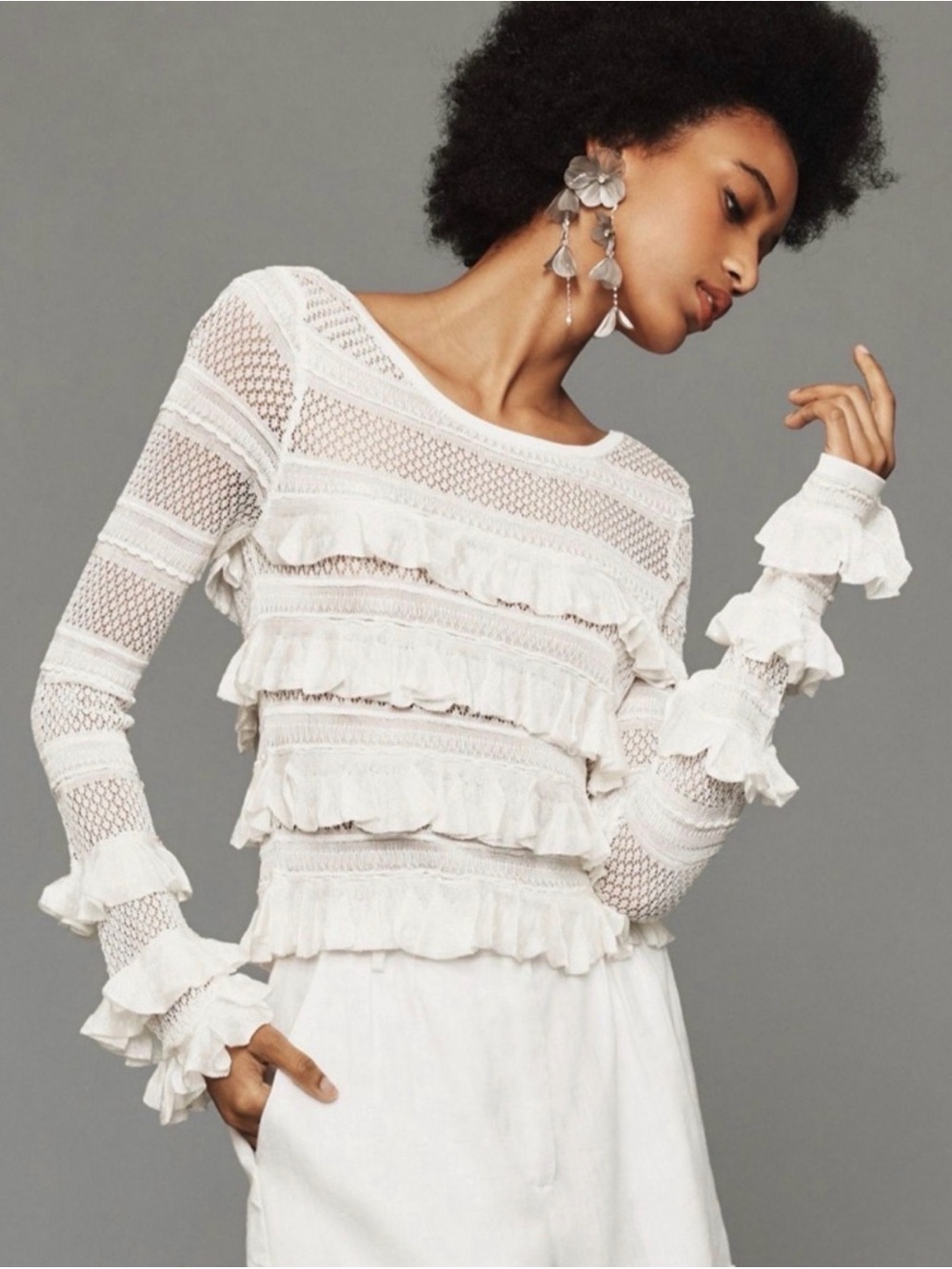 Anthropologie White Ruffle Knit Long-Sleeve Top